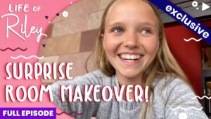 Smiling young woman in a gray sweater on a pink thumbnail with bold white text: βSURPRISE ROOM MAKEOVER!β, plus βLife of Rileyβ and an βexclusiveβ banner