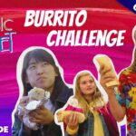 Thumbnail for a video: three hosts holding burritos against a pink gradient background, with 'Burrito Challenge' and 'This Cosmic Planet' branding.
