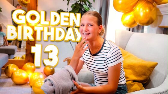 Teen girl at a birthday party with gold balloons; overlay text reads 'GOLDEN BIRTHDAY 13'.
