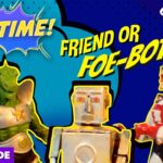 YouTube thumbnail showing action figures with the title 'PLAYTIME!' and 'Friend or FOE-BOT?' for a video about robots or characters, playful comic style.