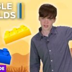 YouTube thumbnail featuring a young presenter in a gray shirt, with large green, yellow, and blue LEGO bricks and the title 'BIBLE BUILDS' over a yellow background.