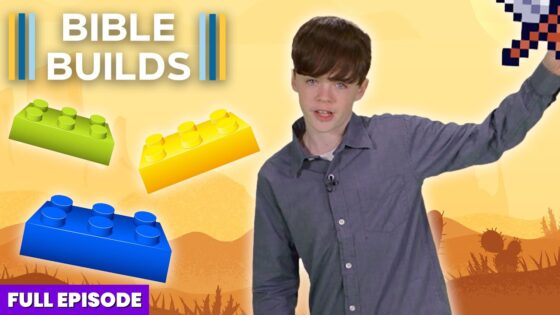 YouTube thumbnail featuring a young presenter in a gray shirt, with large green, yellow, and blue LEGO bricks and the title 'BIBLE BUILDS' over a yellow background.
