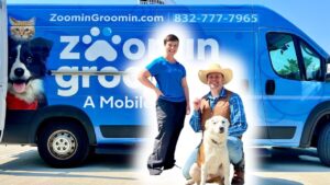 Blue mobile pet grooming van with two staff and a dog in front; large 'ZoominGroomin' branding and phone number on the side.
