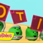 Three VeggieTales characters hold up red letter tiles that spell 'OTS' against a bright blue sky, with the VeggieTales logo in the corner.