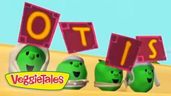 Three VeggieTales characters hold up red letter tiles that spell 'OTS' against a bright blue sky, with the VeggieTales logo in the corner.