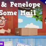 Pete and Penelope exchange a taped cardboard package on a colorful outdoor set from a kids' show