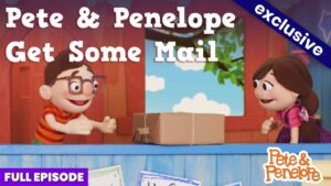 Pete and Penelope exchange a taped cardboard package on a colorful outdoor set from a kids' show