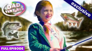 Smiling girl by a lake holding a fishing rod, with colorful Dad Ventures logo and fish graphics in the frame (video thumbnail).