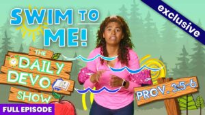 Thumbnail for The Daily Devo Show: a girl in a pink top speaking in a forest-themed set with wooden sign graphics reading 'Daily Devo Show' and the scripture reference Prov. 3:5-6, plus an 'Exclusive' banner and 'Full Episode' label.