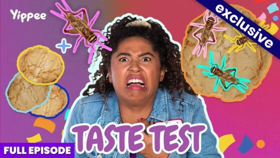 Woman with a shocked expression during a colorful taste-test thumbnail with cookies and cartoon bugs on a purple-pink background.