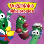 VeggieTales Bible Stories cover with several animated veggie characters posing together on a purple background.