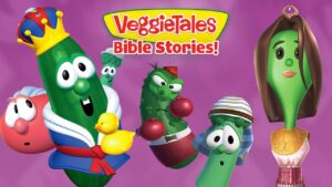 VeggieTales Bible Stories cover with several animated veggie characters posing together on a purple background.