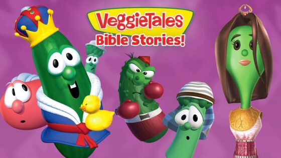 VeggieTales Bible Stories cover with several animated veggie characters posing together on a purple background.