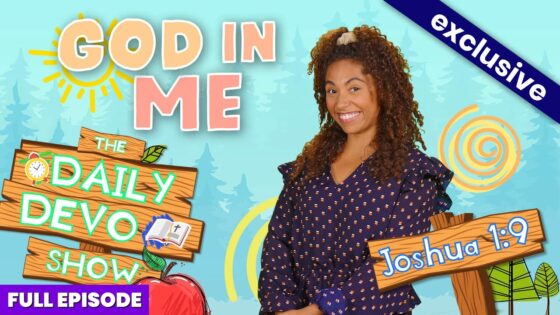 Smiling woman beside bright wooden signs reading 'God in Me', 'The Daily Devo Show' and 'Joshua 1:9' with an 'Exclusive' banner in a colorful thumbnail.