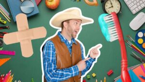 Cheerful cowboy in a hat and vest points to a giant bandage-shaped plus sign on a green classroom backdrop surrounded by school supplies and tools.
