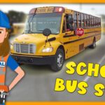 Cartoon construction worker in a blue helmet and orange safety vest beside a yellow school bus; bold 'School Bus Song' text.
