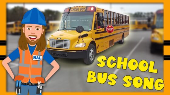 Cartoon construction worker in a blue helmet and orange safety vest beside a yellow school bus; bold 'School Bus Song' text.