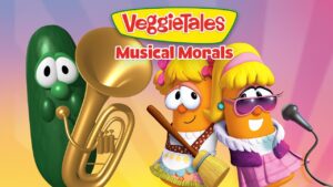 VeggieTales Musical Morals cover with two singing carrot characters, a tuba, and a microphone on a colorful stage.