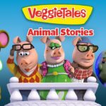 VeggieTales Animal Stories cover: four anthropomorphic pigs and friends on a display stage with a yellow VeggieTales logo above.