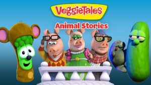 VeggieTales Animal Stories cover: four anthropomorphic pigs and friends on a display stage with a yellow VeggieTales logo above.