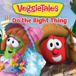 VeggieTales characters cheerfully ride a splashy log raft, dressed for a tropical adventure. Brand title 'VeggieTales Do the Right Thing' above them.