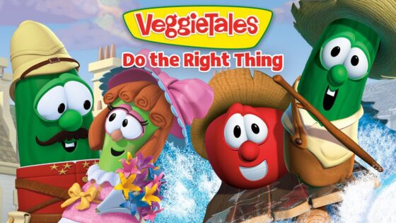 VeggieTales characters cheerfully ride a splashy log raft, dressed for a tropical adventure. Brand title 'VeggieTales Do the Right Thing' above them.