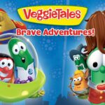 VeggieTales Brave Adventures cover: colorful veggie characters in a green pod, title at top, right side a green veggie with brown hair.