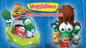 VeggieTales Brave Adventures cover: colorful veggie characters in a green pod, title at top, right side a green veggie with brown hair.