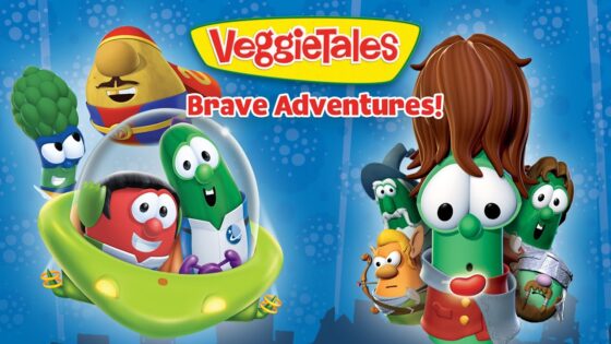 VeggieTales Brave Adventures cover: colorful veggie characters in a green pod, title at top, right side a green veggie with brown hair.
