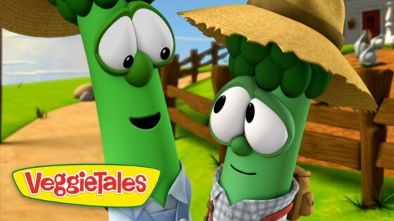 Two animated green vegetable characters from VeggieTales wearing straw hats on a sunny farm, smiling at each other with the VeggieTales logo in the corner.