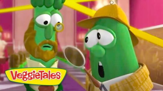 Two green VeggieTales characters in a bright setting, one with a monocle and beard and the other wearing a yellow hat and scarf, holding a ladle; VeggieTales logo visible.