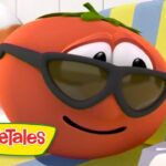 Tomato character from VeggieTales wearing sunglasses, relaxing on a striped beach chair with a lifebuoy in the background.