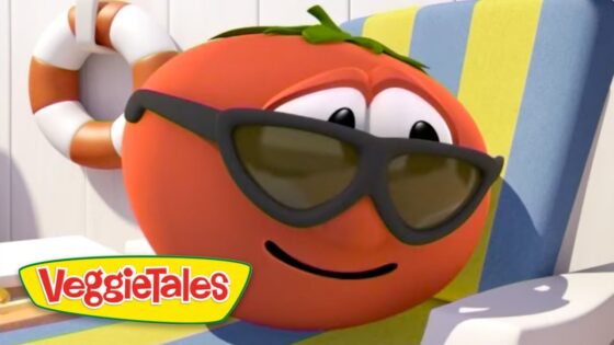 Tomato character from VeggieTales wearing sunglasses, relaxing on a striped beach chair with a lifebuoy in the background.