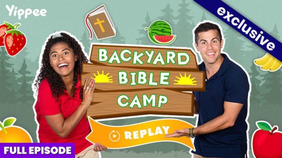 Thumbnail for a Backyard Bible Camp video featuring two smiling hosts beside a wooden sign and a bright 'Replay' banner.
