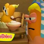 Animated VeggieTales scene: two cartoon vegetables at a table, one offering a bowl of dessert to the other, with a colorful towel-wrapped figure nearby.