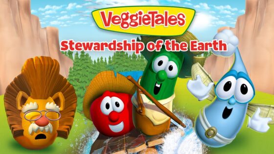 VeggieTales characters on a river boat, promoting stewardship of the Earth with the title 'Stewardship of the Earth' above them during a sunny outdoor scene