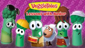VeggieTales: Lessons with Junior — group of cheerful veggie characters posing on a purple patterned background with the title text above.