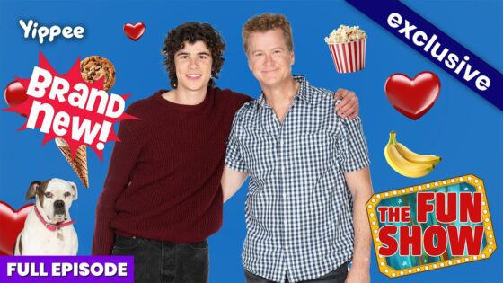 Thumbnail for The Fun Show: two smiling male hosts posing together on a blue background with icons (heart, popcorn, banana, dog) and a 'Full Episode' banner; 'Brand New!' graphic to imply new content; exclusive.