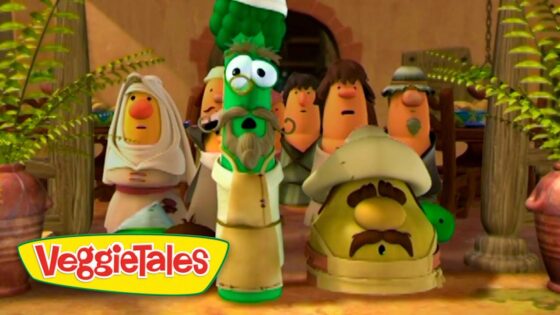 CGI VeggieTales characters gathered in a doorway, with a green mustached figure at the center wearing white robes.