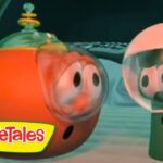 Two cartoon vegetables wearing diving helmets underwater, facing each other near a yellow VeggieTales logo in the corner.