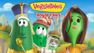 VeggieTales: Royal Tales cover showing four anthropomorphic vegetables in royal outfits against a colorful landscape.