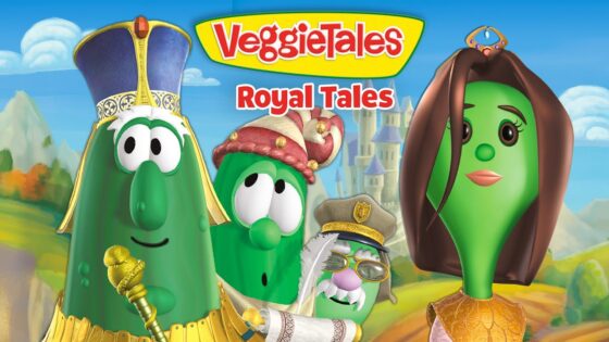 VeggieTales: Royal Tales cover showing four anthropomorphic vegetables in royal outfits against a colorful landscape.