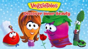 VeggieTales cover featuring colorful veggie characters—tomato chef, a girl veggie, a pink veggie with a rose, asparagus in a suit, and a green car—against a snowy blue background with ‘VeggieTales Discover Inner Beauty’ text.