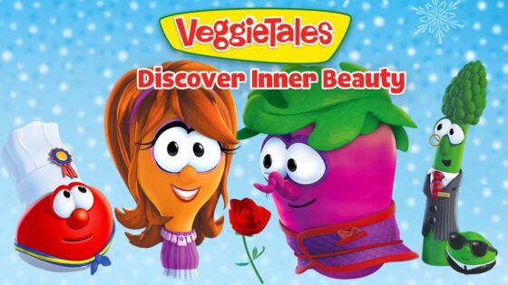 VeggieTales cover featuring colorful veggie characters—tomato chef, a girl veggie, a pink veggie with a rose, asparagus in a suit, and a green car—against a snowy blue background with ‘VeggieTales Discover Inner Beauty’ text.
