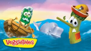 VeggieTales cartoon: a green vegetable captain in a wooden boat at sea with a whale and a celery figure on the right wearing a hat.