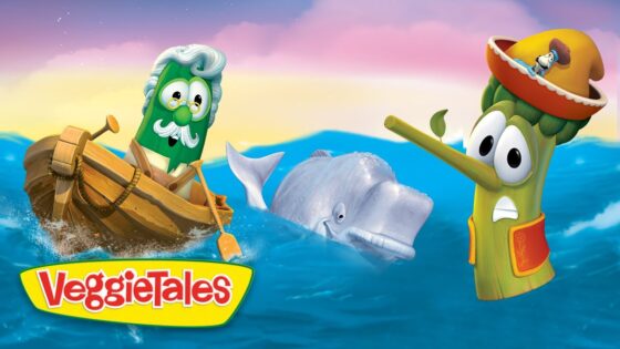 VeggieTales cartoon: a green vegetable captain in a wooden boat at sea with a whale and a celery figure on the right wearing a hat.