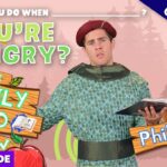 Man in a medieval tunic and red hat holds an open book, surrounded by wooden signs reading 'The Daily Devo Show' and 'Phil. 4:13' on a pink background with bright graphics—thumbnails for a devotional video reference.