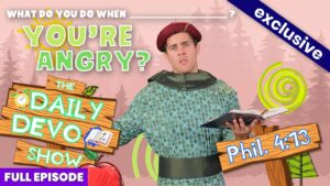 Man in a medieval tunic and red hat holds an open book, surrounded by wooden signs reading 'The Daily Devo Show' and 'Phil. 4:13' on a pink background with bright graphics—thumbnails for a devotional video reference.