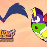 LarryBoy the cartoon superhero carrot (purple/yellow) flies toward a dark blue bat silhouette with red eyes, against a peach background, with the 'LarryBoy: The Cartoon Adventures' logo nearby.