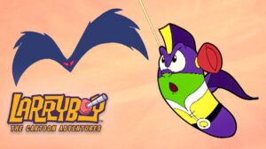 LarryBoy the cartoon superhero carrot (purple/yellow) flies toward a dark blue bat silhouette with red eyes, against a peach background, with the 'LarryBoy: The Cartoon Adventures' logo nearby.